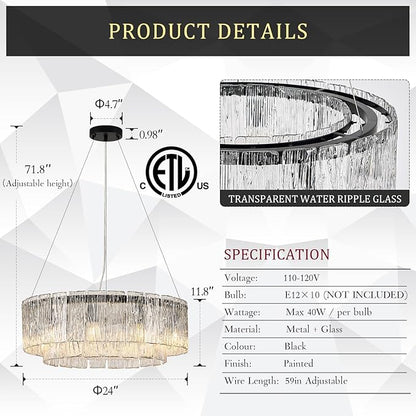 CATINER Modern Crystal Glass Round Chandelier 24”Black Chandeliers 10-Light Drum Pendant Ceiling Light Fixtures Luxury 2 Tiers Hanging Lighting for Dining Room Foyer Living Room Bedroom