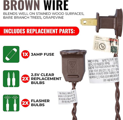 612 Vermont 100 Clear Mini Christmas String Lights on Brown Wire Cord, UL Approved for Indoor/Outdoor Use, 18 Foot of Lighted Length, 20 Foot of Total Length