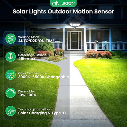 ALUSSO Solar Lights Outdoor Motion Sensor 400LM, LED Security Lights with Remote, 3 Modes (Dusk to Dawn/Auto/On Time), CCT 3000K-6500K Waterproof Flood Light for Garden Yard Garage, 1 Pack