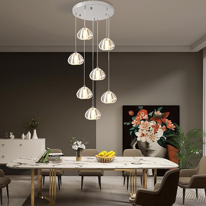 Modern Crystal Foyer Chandelier 7-Lights Raindrop Pendant Light Fixture, Bubble LED Flush Mount Staircase Living Room Light Fixture Chrome