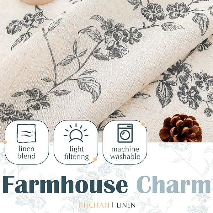 jinchan Floral Kitchen Curtains 30 Inch Linen Tier Curtains Farmhouse Cafe Half Window Drapes Over Sink Light Filtering Black on Beige for Living Room Laundry RV Rod Pocket 2 Panels