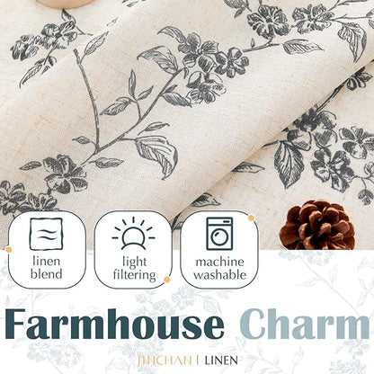jinchan Floral Kitchen Curtains 30 Inch Linen Tier Curtains Farmhouse Cafe Half Window Drapes Over Sink Light Filtering Black on Beige for Living Room Laundry RV Rod Pocket 2 Panels
