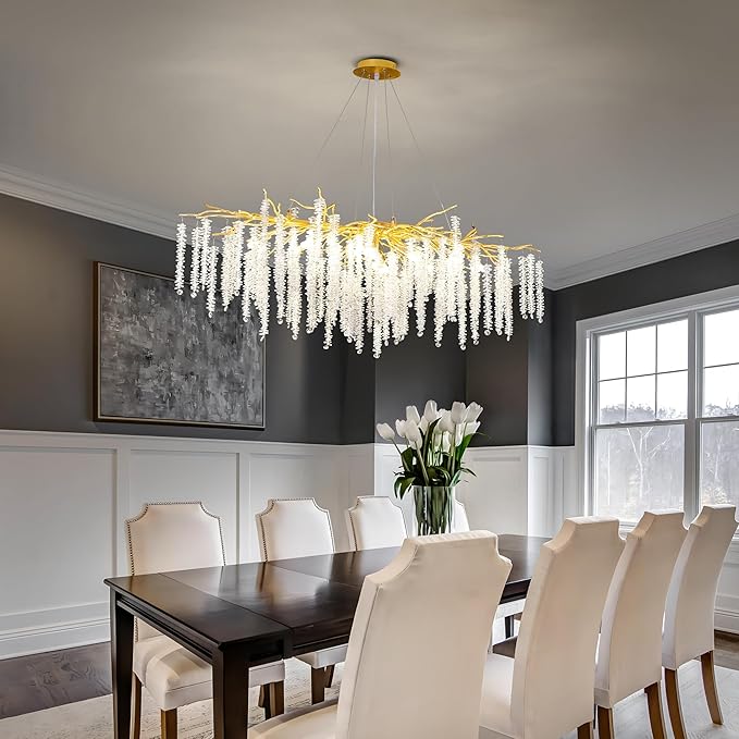 Tree Branch Chandelier L47 Luxury Rectangular Crystal Raindrop Pendant Light 13 Lights Kitchen Island Hanging Light Fixture for Living Room Dining Room Foyer Entryway Gold