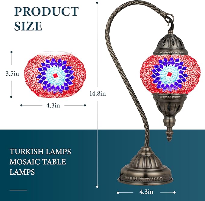 Marrakech Vintage Lamp Turkish Mosaic Lamps with Tiffany Style, Handmade Moroccan Table Lamps with Swan Neck Bronze Base Including LED Bulb for Living Room Bedroom Decor (Red)