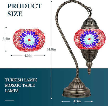 Marrakech Vintage Lamp Turkish Mosaic Lamps with Tiffany Style, Handmade Moroccan Table Lamps with Swan Neck Bronze Base Including LED Bulb for Living Room Bedroom Decor (Red)