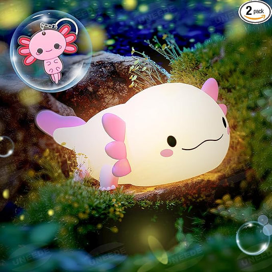 UNEEDE Axolotl Night Light for Kids with Axolotl Keychain,Animal Silicone Nursery Night Lamp, Rechargeable Table Lamp Bedside Lamp,Cute Room Decor Night Light for Bedroom,Desk Decorations,Gift
