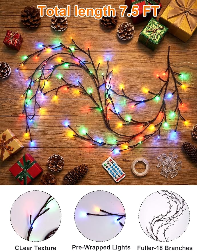 Solar Willow Vine Lights Outdoor, 7.8FT 144LEDs RGB Enchanted Willow Vine Lights with Remote, Waterproof Garden Decor for Wall Window Porch Patio Party Decor