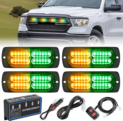 Nilight 4PCS Amber Green Strobe Lights 24LED Emergency Hazard Warning Light Sync Feature Ultra Slim Surface Mount with Controller and Cigarette Lighter Plug for Truck Car Vehicle