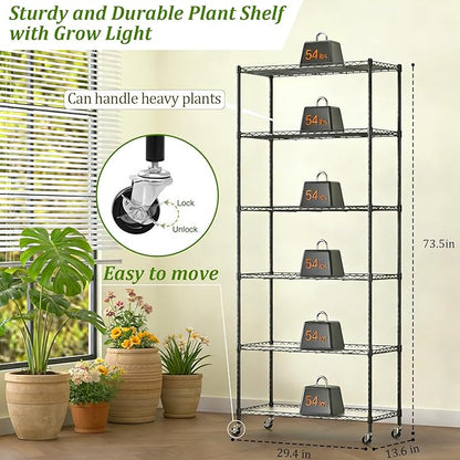 Plant Shelf with Grow Light, DIY 6-Tier Plant Stand with Grow Light, Adjustable Rack and Wheels, 8 Pack 24" 192W T8 Full Spectrum Grow Lamp for Indoor Plants, Seed Starting, Vegetable, 29"x13.5"x73.5"
