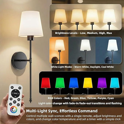 IRONPAX Wall Sconces Battery Operated Set of 2, Wireless Rechargeable Wall Sconce Set of Two, Dimmable Wall Lights with Remote for Bedroom Living Room Hallway Decor (Black, Fabric Shade)
