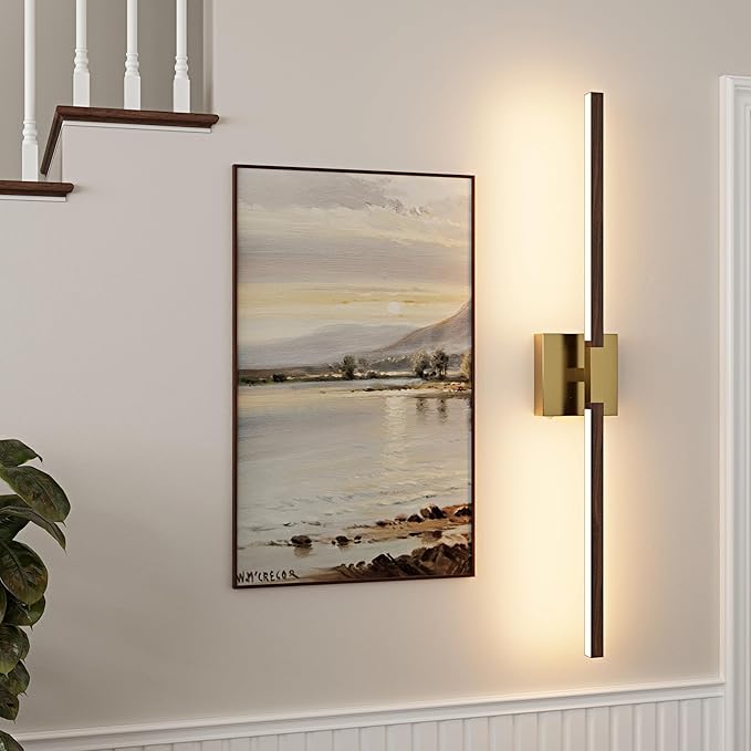 Rayogale 40 Inch Rechargeable Battery Operated Wall Sconce Set 2, 8000mAh Cordless, 3000K/4500K/6000K, Dimmable, Remote, Touch Control, 360° Rotation for Living Room Gold Walnut 2 Pack