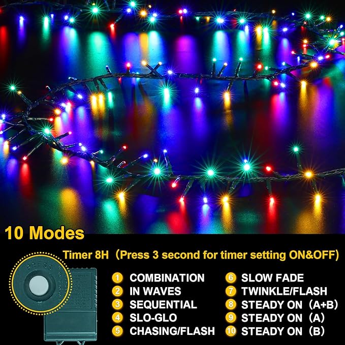 LAMPHOME 500 LED String Lights Outdoor, 16 Modes Plug-in Twinkle Fairy for Bedroom, 46ft 500LED Christmas Cluster Outdoor Waterproof - Multicolor