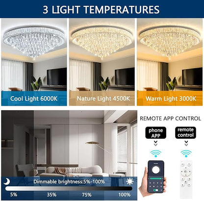 47" Modern Chandeliers LED Dimmable Crystal Flush Mount Ceiling Chandeliers for Living Room High Ceiling Entrance Foyer Lobby Bedroom Silver