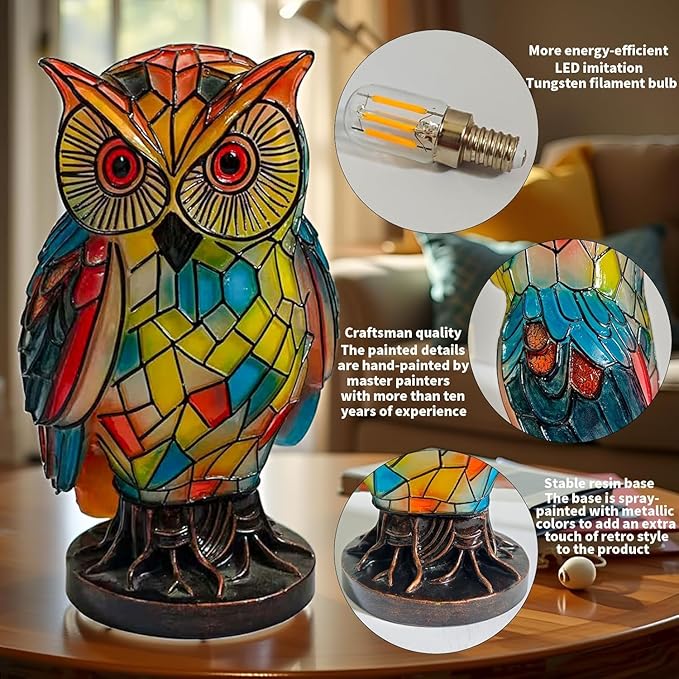 Owl Lamp Tiffany Style Stained Vintage Resin Colorful Tiffany Owl Table Lamps for Bedroom Living Room Nursery Office, Whimsical Animal Desk Lamp, Birthday Gifts for Girl Mother Grandmother Woman.