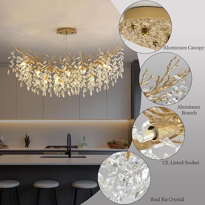 Rectangle Crystal Tree Branch Chandelier, L47.3'' Modern Luxury Gold Linear Art Deco Raindrop Pendant Lighting Fixture for Kitchen Island Foyer Living Room Dining Room 12 Lights