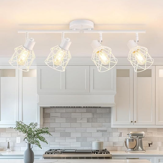 Baocuz 4-Lights Kitchen Light Fixtures Ceiling Mount, Adjustable Multi-Directional White Flush Mount Ceiling Light Fixture with Metal Cage, Modern Spot Ceiling Lamp for Hallway, Dining Room, Bedroom