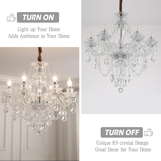 Bagood Clear 6 Lights Candle Chandelier Lighting K9 Crystal Candle Chandeliers Lighting Crystal Modern Chandelier for Dining Living Room Bedroom Entry Elegant Decoration E12 Base, H22 x W23.6 Inch