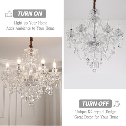 Bagood Clear 6 Lights Candle Chandelier Lighting K9 Crystal Candle Chandeliers Lighting Crystal Modern Chandelier for Dining Living Room Bedroom Entry Elegant Decoration E12 Base, H22 x W23.6 Inch