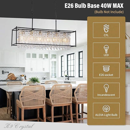 Modern Black Crystal Chandeliers For Dining Room, 42" Large Rectangle Water Ripple Glass Pendant Elegant Linear Lighting for Kitchen Island Dining Room LivingRoom Flat Inclined Ceiling,L42 x W11 x H19