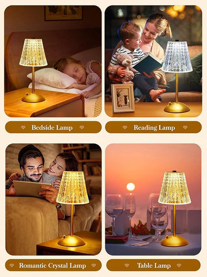 One Fire Nightstand Lamps Set of 2, Dimmable Crystal Table Lamp 3 Colors Gold Lamp,Touch Lamp Bedroom Lamps, Rechargeable Small Lamp, Bedside Lamps Set of 2 for Bedroom Living Room Bathroom Hotel Bar