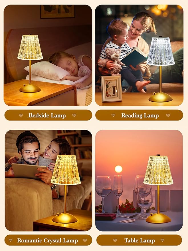 Crystal Cordless Lamp, Dimmable+3 Colors Rechargeable Lamp, Touch+2000mAh Battery Operated Vintage Ambient Light for Kitchen/Bedroom/Bathroom Shower, College Gifts, Mothers Day Gifts for Wife Daughter
