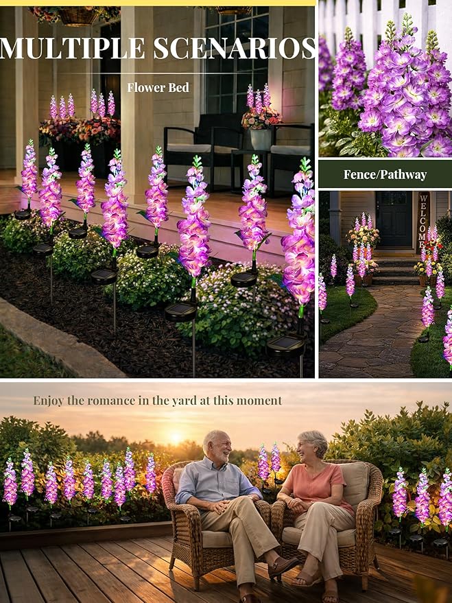GIGALUMI Solar Lights Outdoor for Garden Decor, 2 Pack Solar Flower Lights Waterproof, 2 Lighting Modes Delphinium for Pathway,Yard, Patio Decoration, Gardening Gifts for Women (Purple)