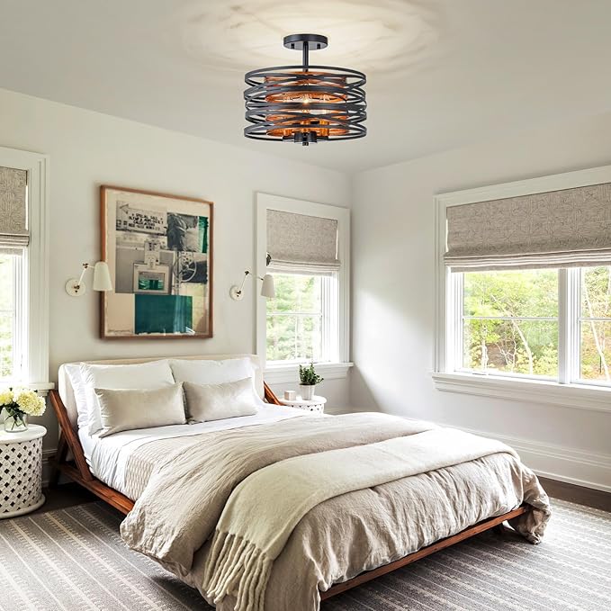 LumFurn D13 inch Farmhouse Ceiling Light, 3-Light Rustic Design Semi-Flushmount Close to Ceiling Light Fixture, for Living Room, Foyer, Bedroom, D12.6 x H11 in, Matte Black & Wood Texture Finish