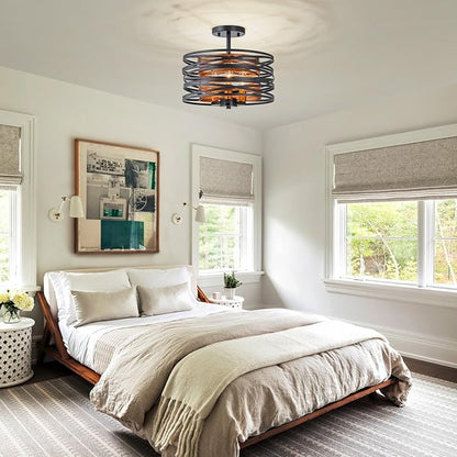 LumFurn D13 inch Farmhouse Ceiling Light, 3-Light Rustic Design Semi-Flushmount Close to Ceiling Light Fixture, for Living Room, Foyer, Bedroom, D12.6 x H11 in, Matte Black & Wood Texture Finish