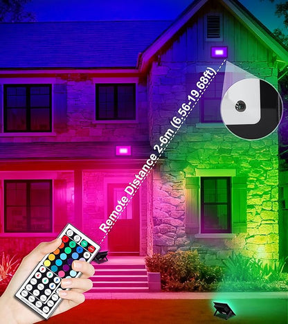 TigQiang 50W RGB Flood Light with Remote & 6.6Ft Cable, Halloween RGB Floodlight, IP66 Waterproof Color Changing Christmas Light, 5000K White LED Floodlight, Outdoor, Uplights for Events, 4 Pack