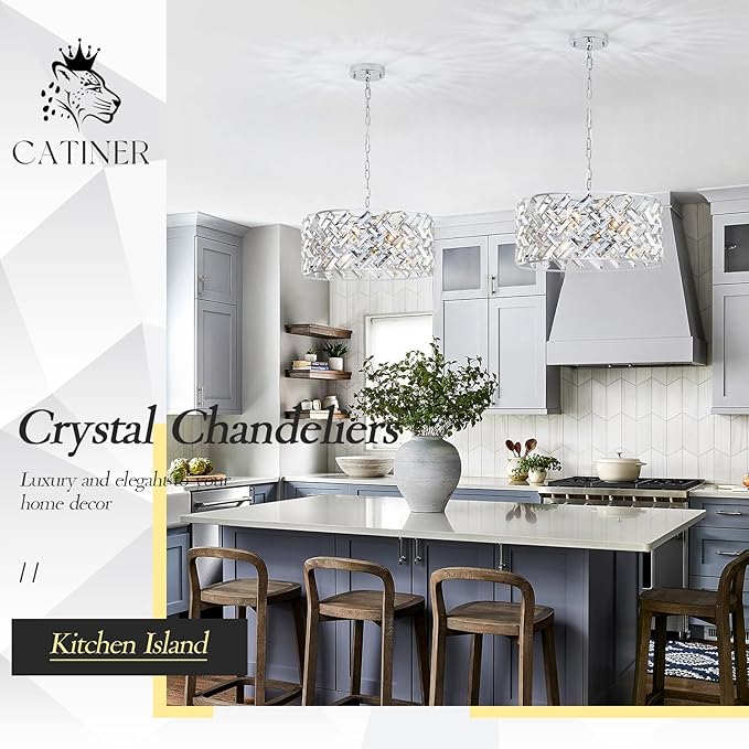 CATINER Chrome Crystal Chandeliers, Modern Semi Flush Mount Ceiling Light, 6-Light Round Crystal Hanging Pendant Light Fixtures, D18” for Dining Room Entryway Kitchen Hallway K9 Crystal
