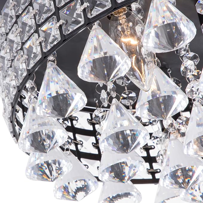 Maxax 4 Lights Crystal Chandelier, Recessed Drum Ceiling Light, Mini Crystal Flush Mount Round Metal Shade Raindrop Chandelier Crystal for Dining Room Living Room Bathroom Bedroom, Black