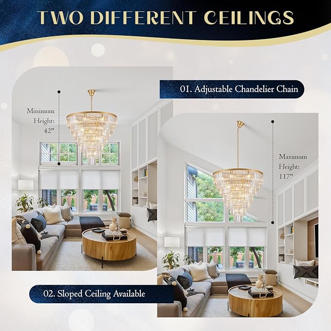 Large Crystal Chandelier Modern Gold 36" Round Chandeliers for Staircase 22 Lights 7-Tier Luxury K9 Crystal Ceiling Pendant Light Fixture for High Ceiling Living Room Foyer