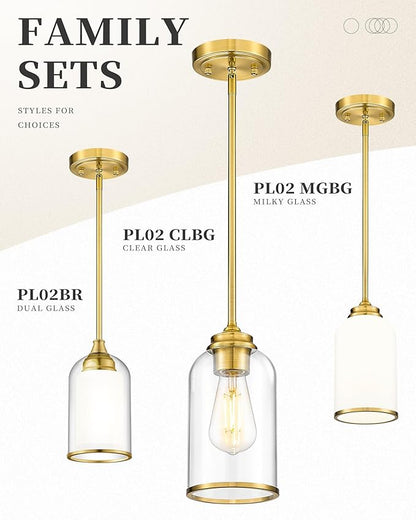 LIROUVET Gold Pendant Lights Kitchen Island - Dual Glass Pendant Light, 1-Light Hanging Light with Clear and Milk Glass, Vintage Pendant Light Fixtures for Kitchen, Dining Room, PL02BR