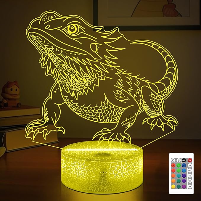 OkiyiD Bearded Dragon Night Light 3D Illusion Lamp - 16 Color Changing Remote Control, Unique Gifts for Boys Girls, Cool Bearded Dragon Lizard Tank Accessory Decor Gifts for Pet Lovers