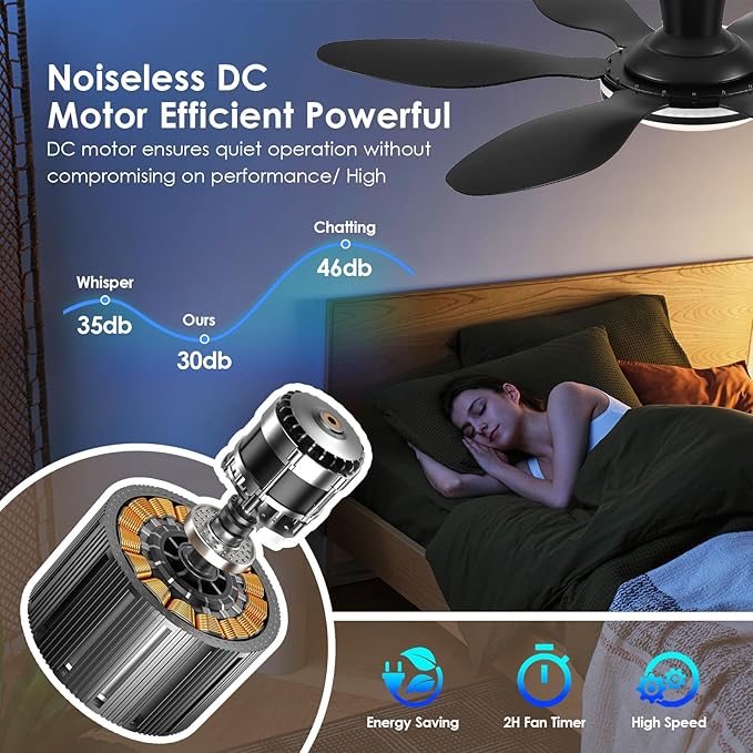 BayDay Ceiling Fans with Lights, Flush Mount Ceiling Fan Led Lights Quiet DC Dimmable 6 Blades (Black Fan, Led Light + Side RGB Light, 51 inch)