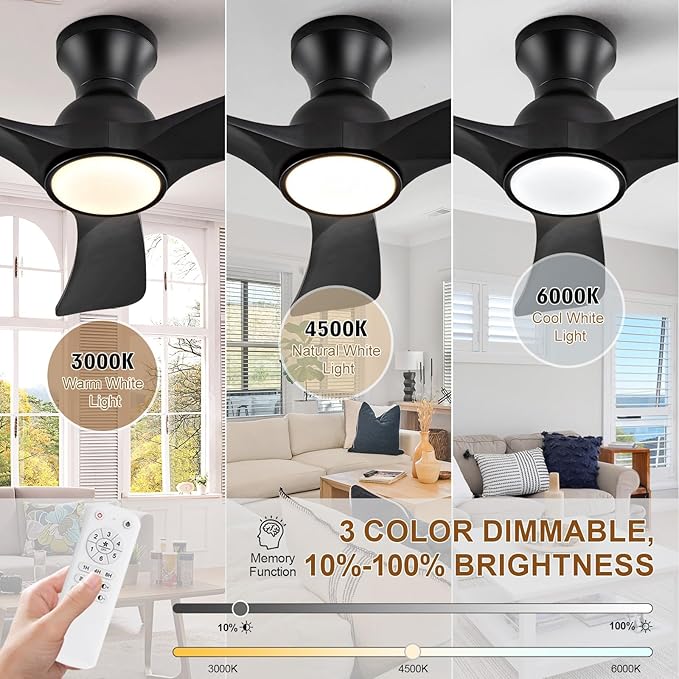 36 inch Black Ceiling Fans with Lights Flush Mount, Solid Wood,Remote Control,Wall Switch,Dimmable,Reversible,Noiseless,Power Off Memory Modern Ceiling Fan Low Profile for Bedroom Indoor/Outdoor