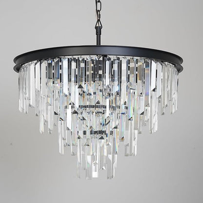 24'' Modern Crystal Chandelier, Black Round Ceiling Light with Clear Prisms, Luxury Flush Mount Lighting Fixture for Dining Room Bedroom Foyer
