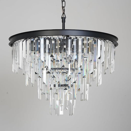24'' Modern Crystal Chandelier, Black Round Ceiling Light with Clear Prisms, Luxury Flush Mount Lighting Fixture for Dining Room Bedroom Foyer