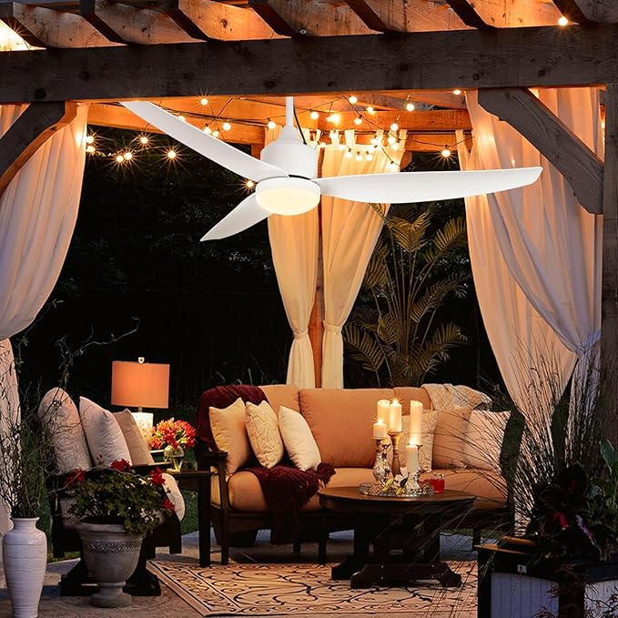 Depuley Outdoor Ceiling Fan with Light: 52 Inch Waterproof Gazebo Fans with Lights Outdoor Hanging - Plug in Remote App Control for Patio Indoor Farmhouse Porch - White 6 Speed Reversible DC Motor