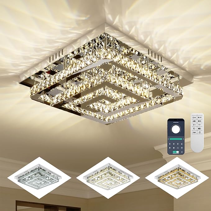 34" Large Crystal Chandelier with Remote/APP Control, 3 Color Temperature Light Fixture & Brightness Adjustable, Modern Flush Mount LED Ceiling Light Fixture for LivingRoom Kitchen Hallway Dining Room