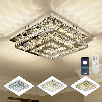 34" Large Crystal Chandelier with Remote/APP Control, 3 Color Temperature Light Fixture & Brightness Adjustable, Modern Flush Mount LED Ceiling Light Fixture for LivingRoom Kitchen Hallway Dining Room