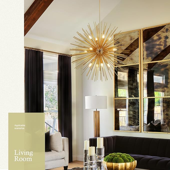 31.5" Gold Sputnik Chandelier 12-Light, Mid Century Modern Starburst Ceiling Light with Adjustable Chain, Industrial Globe Pendant Light Fixture for Dining Room Kitchen Island Living Room Foyer