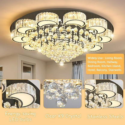 40" Black Modern Crystal Chandeliers for Dining Room LED Dimmable Light Fixtures Flush Mount Light Living Room Bedrooms
