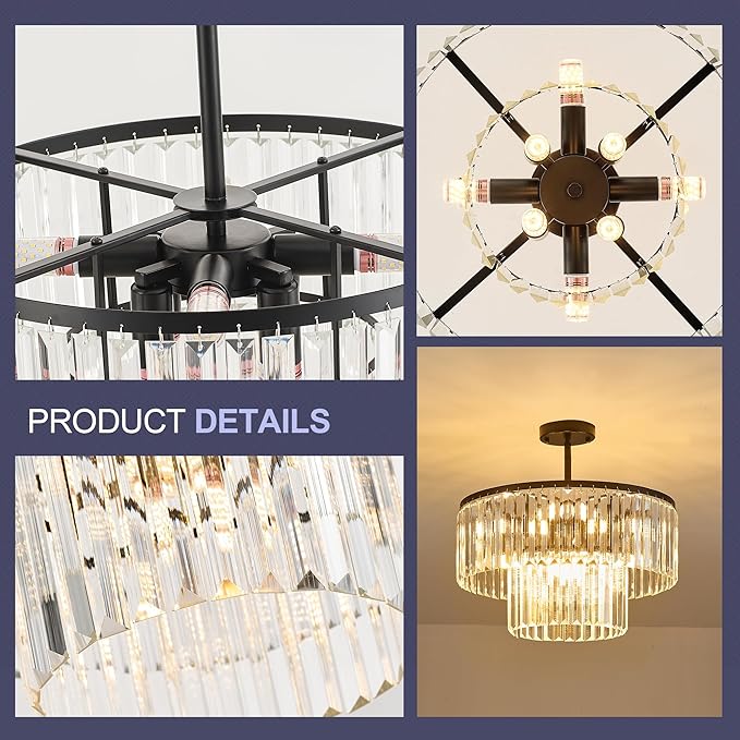 17.7" Black Semi Flush Mount 2-Tier Crystal Ceiling Light Fixtures for Dining Room Modern Luxury 8-Light Chandeliers Lighting for Bedroom Entryway Hallway Kitchen Island Living Room Foyer