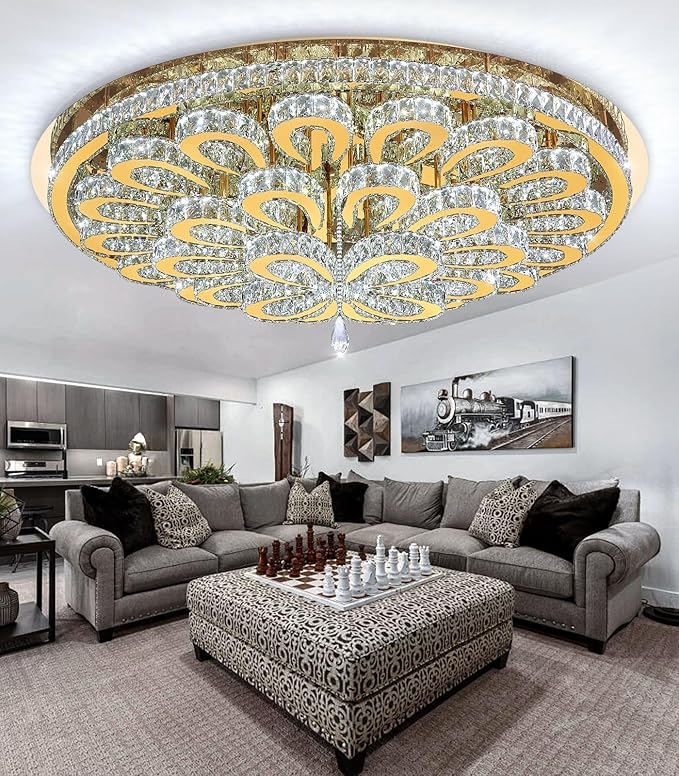 47'' Modern Crystal Chandeliers for Living Room Large Chandelier Ceiling Light Fixture LED Dimmable with Remote Flush Mount Lighting for Dining Room Bedroom Gold