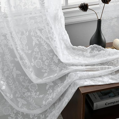 FINECITY White Lace Curtains 108 Inch Long, Vintage Country Floral Sheer Lace Curtains for Bedroom, Rod Pocket Privacy Scalloped Sheer Window Curtain, 52 x 108 Inch, 2 Panels, White
