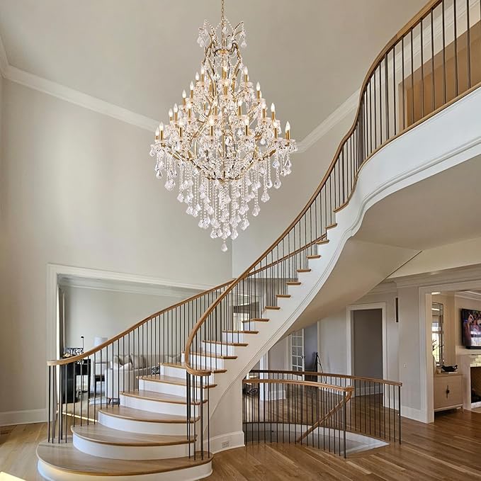 42 Lights Large Crystal Chandeliers for High Ceilings Brass Maria Theresa Chandelier Light Fixture Modern Chandelier for Foyer Hallway Entryway Staircase 75" H x 49.2" D