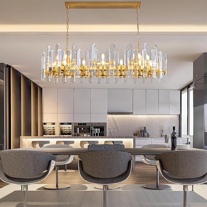 54" Rectangular Chandelier, 24-Light Gold Modern Crystal Chandelier for Dining Room, Kitchen Island, Living Room, Luxury K9 Crystal Adjustable Chain Chandelier Light Fixture