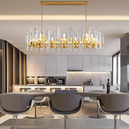 54" Rectangular Chandelier, 24-Light Gold Modern Crystal Chandelier for Dining Room, Kitchen Island, Living Room, Luxury K9 Crystal Adjustable Chain Chandelier Light Fixture