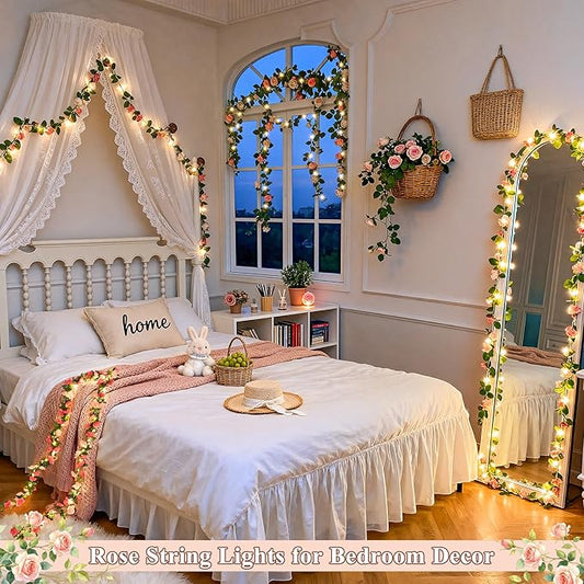 JMEXSUSS Rose Pink Flower Lights, 48 LED 15.75 FT Artificial Rose Vine Lights Battery Operated, Hanging Flower Vines Floral Garland Decorations for Indoor Bedroom Table Wedding Decor(Warm White)